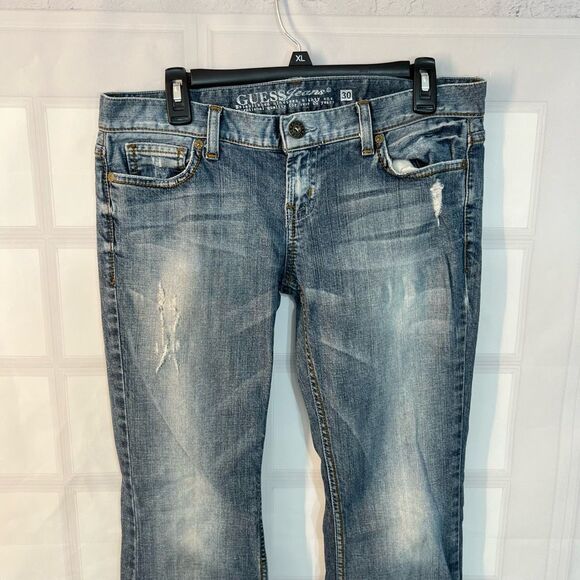 Guess Blue Whiskered Faded Cotton Blended Foxy Flare Jeans Size 30 - Picture 2 of 9